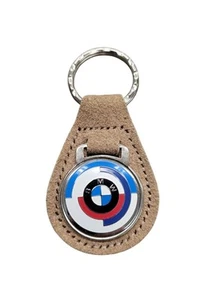 BMW Logo Vintage Beige Suede Leather Keychain w/ Silver Tone Metal Ring - Bild 1 von 4