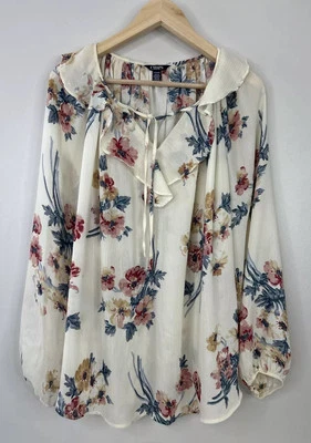 Blusa popover feminina Chaps 1X azul marfim rosa floral manga longa semi transparente - Imagem 1 de 4