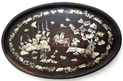 Ancien plateau marqueterie nacre Vietnam Old mother Of pearl marquetry horse - Photo 1/4