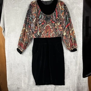 Vestido De Colección Wayne Clark 8 Negro Estampado Terciopelo Gasa Rodilla Globo Mangas Abullonadas Años 70 - Imagen 1 de 20