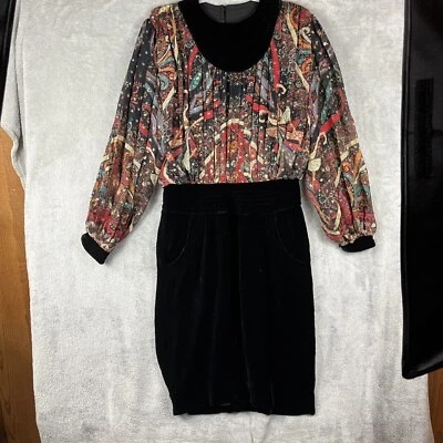 Винтажный Wayne Clark платье 8 черный бархат печать шифоновое колена воздушный шар Puff рукава 70-х - Изображение 1 из 4