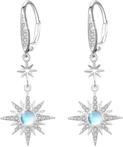 Starburst Ohrringe 925 Sterling Silber Stern Mondstein Hänger Geschenke für Frauen Sie - Bild 1 von 6