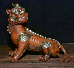 9.2'' Old Chinese Dynasty purple copper Fengshui Foo Fu Dog Guardion Lion Statue - Picture 1 of 10