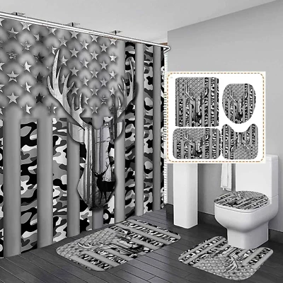 Juego de Cortinas de Ducha Camufladas, Juegos de Baño Gris Camuflaje Bandera Americana Ciervo. Foto 1 de 3