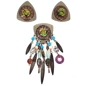 Vtg Handmade Navajo Artisan Mixed Metal Beaded Brooch Clip On Earings Set Card - Picture 1 of 10