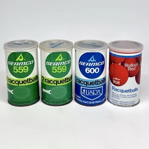 Bolas de raqueta rojas Seamco 559, 600 y AMF Voit desplegables en latas de acero usadas de colección - Imagen 1 de 21