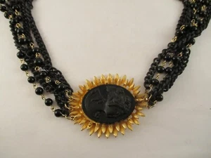 Vintage Gold Tone Black Cameo Mourning Jewelry Five Strand Necklace Bead Chain - Picture 1 of 6