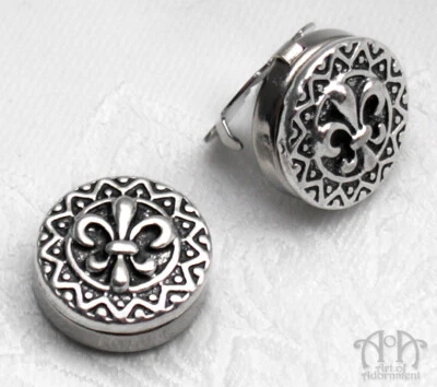 Silver Victorian FLEUR DE LIS CUFF BUTTON COVERS Set Mandarin Collar Cover 2pc - Image 1 of 3