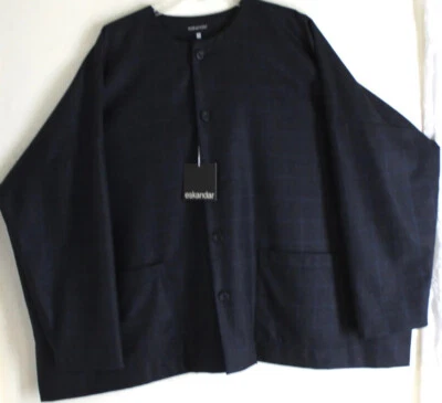 NWT Eskandar Sz 1 Wool CHARCOAL & LAPIS Check Long Boxy Jacket Coat $1350 - Image 1 of 4