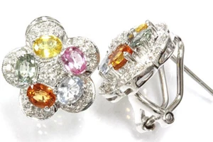 2.4 ctw Natural Multicolor Sapphire Diamond 14k White Gold Flower Earrings 12MM - Picture 1 of 1