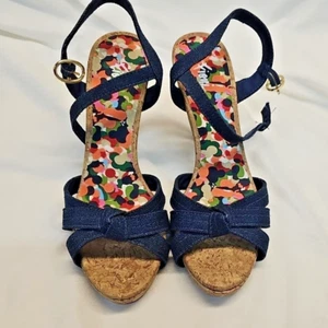 Fioni Sexy Blue Denim Sandals Shoes Size 6 Heels Strappy Faux Cork Look - Picture 1 of 8