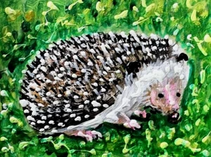 ORIGINAL ACEO Gemälde IGEL Frühling Landschaft Blume Haustier Tier ATC ART - Bild 1 von 1