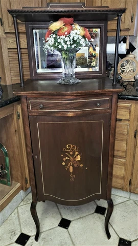 Antique Sheet Music Cabinet w Drawer INLAID WOOD Cabriole Legs BEVELED Mirror! Cover