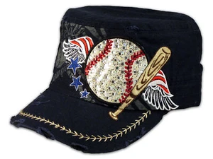 Baseball and Bat on Blue Cadet Cap Vintage Hat Distressed Visor - Picture 1 of 4