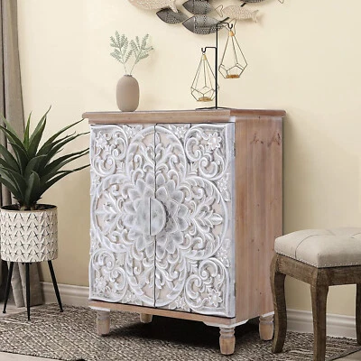 PHI VILLA Accent Cabinet with 2 Doors Sideboard Buffet Storage Kitchen Distressed Cabinet