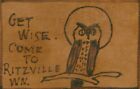 Get Wise Come To Ritzville, Wn(Washington) Leather Postcard~Antique~Owl~C1906