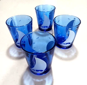 Vtg. Hazel Atlas Cobalt Blue Glass Sailboats Rocks/Juice/Tumbler Glasses - Picture 1 of 7
