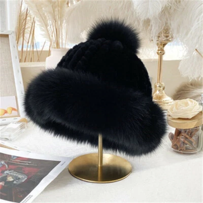 Winter Women Warm Rex Rabbit Fur Fox Fur Hat Outdoor Fluffy Knitted Hat Cap - Image 1 of 4