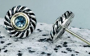 David Yurman Cookie Earrings Blue Topaz Stud Cable 925 Sterling 14k Gold Round - Picture 1 of 5