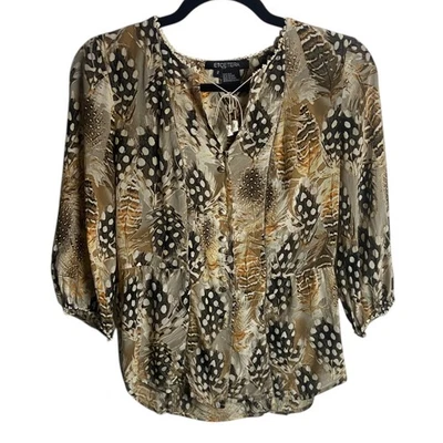 Blusa Etcetera tamanho 2 seda botão para baixo entrada crochê pena marrom boho hippie - Imagem 1 de 4