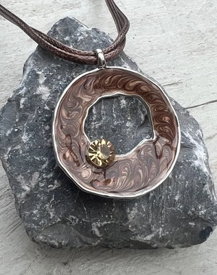 Modekette Halskette, grosser runder Anhänger, beschichtet, Strass Stein, braun - Bild 1 von 2