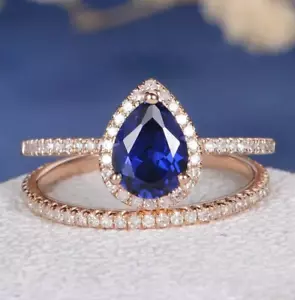 Bridal Women's Ring Set 3.60Ct Pear Created Blue Sapphire 14K Rose Gold Finish - Picture 1 of 4