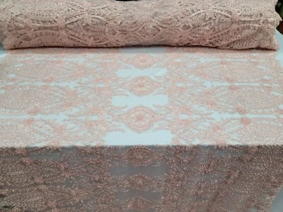 Beaded Lace Embroidered Sequin Mesh Flower  Wedding Dress By The Yard Blush Pink - Image 1 of 4