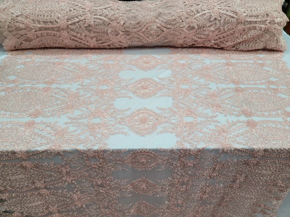 Beaded Lace Embroidered Sequin Mesh Flower  Wedding Dress By The Yard Blush Pink - Image 1 of 4