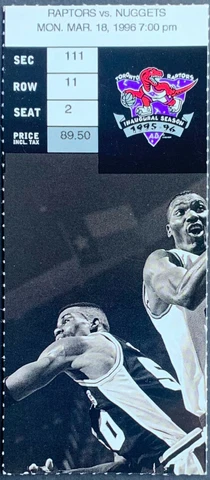 1996 Toronto Raptors NBA Inaugural Season Ticket Denver Nuggets Basketball Cover
