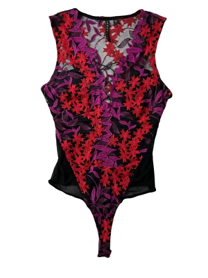 Guess Black Embroidered Mesh Sleeveless V-Neck Thong Bodysuit Top  XS  Lace-Up - Image 1 of 4