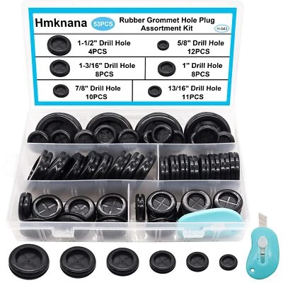 HMKNANA 53PCS Rubber Grommets for Wiring, Rubber Grommet Kit in 6 Assorted Drill Hole Si