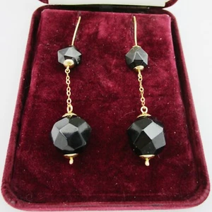 Lovely Pair Of 9ct Gold & Faceted Jet Drop Earrings - Picture 1 of 3