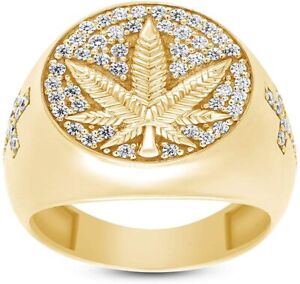 Mens Cannabis Leaf Marijuana Ring Round Shape CZ 14k Yellow Gold Plated