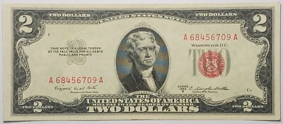 Choice About Uncirculated 1953 B red seal $2.00 note with serial# A68456709A - Image 1 of 2