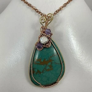 Handmade Copper/Brass Wire Wrapped 1 1/2" x 3" Turquoise Pendant # 230 18" Chain - Picture 1 of 8