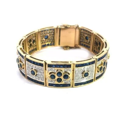 Brazalete de eslabones con panel de oro zafiro pavé de diamantes 9,75 quilates 18 k dos tonos elegante ancho Foto 1 de 4
