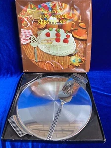 Vintage Retro Stainless Steel Cake Pie Server Set Platter and Knife NOS Boxed - Picture 1 of 3