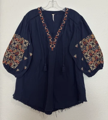 Blusa Free People Mujer Pequeña Azul Boho Bordada Campesina Túnica Top Borla Foto 1 de 4