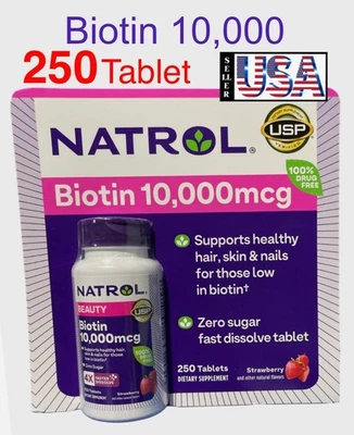 250 Comprimidos, Natrol Biotina 10.000 mcg. Comprimidos de disolución rápida, 250 comprimidos Foto 1 de 4