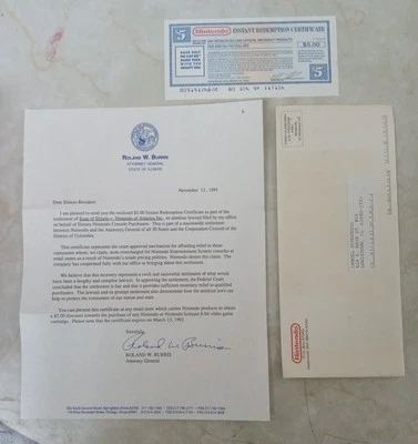 Nintendo Lawsuit Instant Settlement 1991 certificado de $5 con sobre papeleo IL Foto 1 de 4