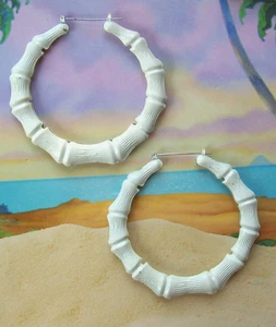 Large White  Bamboo Hoop Earrings 3" Door Knockers Hip Hop - Picture 1 of 3