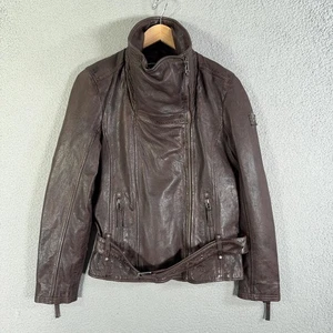 MAURITIUS Giacca Pelle Agnello Donna 8 Marrone Moto Biker Cintura Zip Asimmetrica - Foto 1 di 16