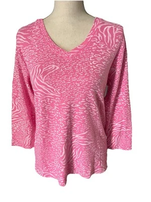 NWT Fresh Produce Womens Pink Animal Print V-neck 3/4 Sleeve Cotton Top Shirt L - Image 1 of 4