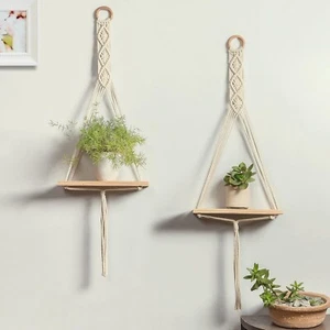 Macramé wall Hanging Décor Shelves Rustic wooden Wall Shelf with Handwoven - Picture 1 of 6