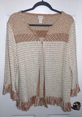 Suéter Cárdigan Abierto Chico's Talla 3 (XL 16) Dorado y Marrón Camel con Flecos Foto 1 de 4