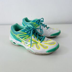 Mizuno Wave Phantom Shoes Womens UK 5.5 US8 White Green Leather Netball Trainers