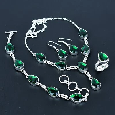 Conjunto de joias de prata esterlina 925 feitas à mão com pedra preciosa de pera diópsido cromado VJ 208 - Imagem 1 de 4