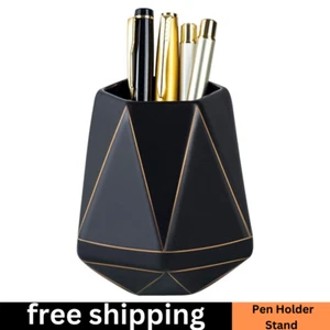 Ceramic Desk Pen Holder Stand Golden Line Geometry Pencil Cup Pot Desk Organizer - Picture 1 of 8