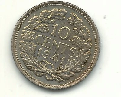 MONEDA DE 10 CENTAVOS DE PLATA DE ALTA CALIDAD AU 1941 DE LOS PAÍSES BAJOS-APR459 Foto 1 de 2