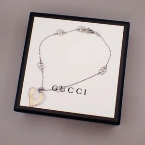 GUCCI GG Logo Heart Motif Interlocking Chain Bracelet Silver Ag 925 66YH236 - Picture 1 of 9